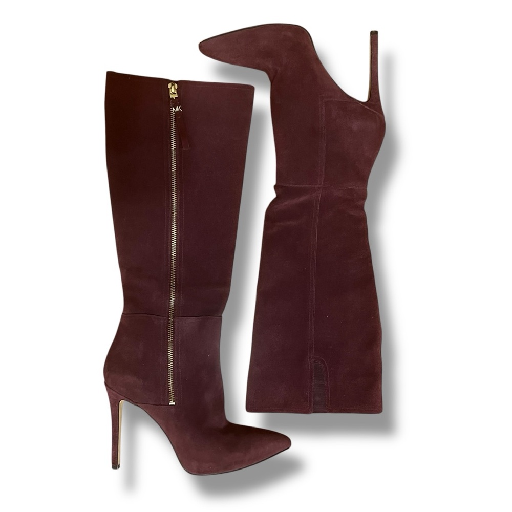 Michael Kors Burgundy Suede Knee High Heeled Boots w Gold Hardware
